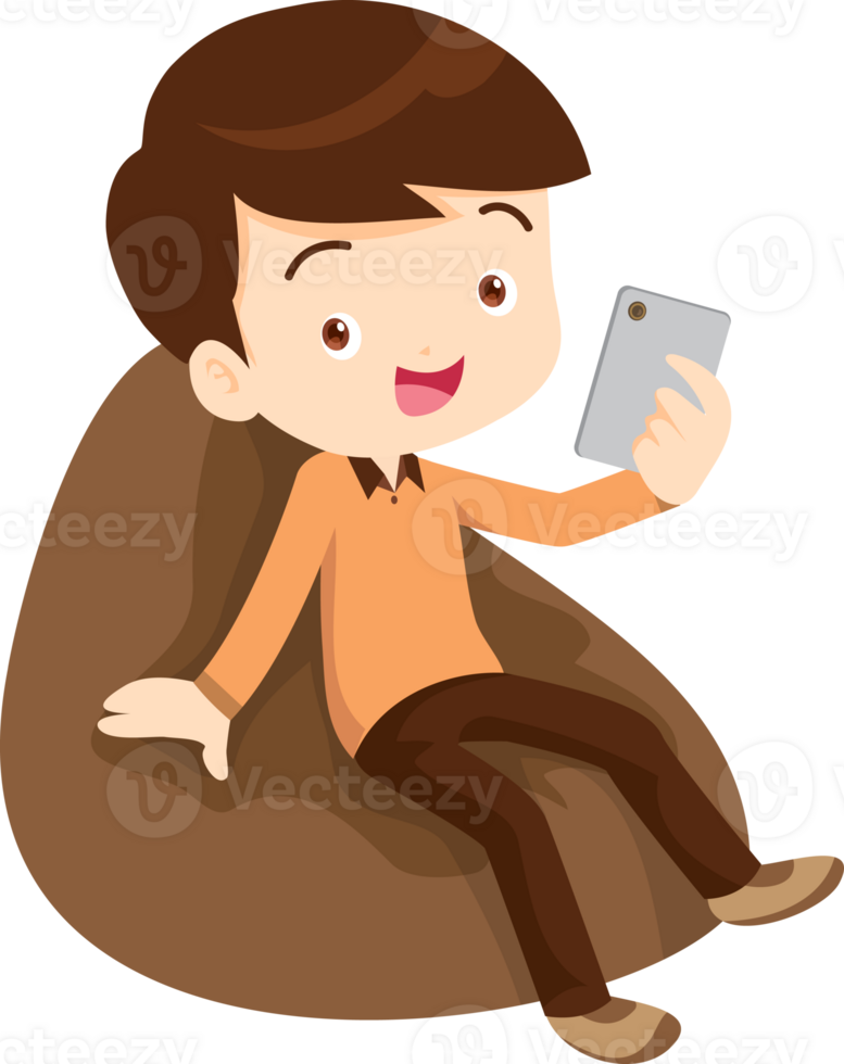 child relax with mobile gadget sitting on beanbag png