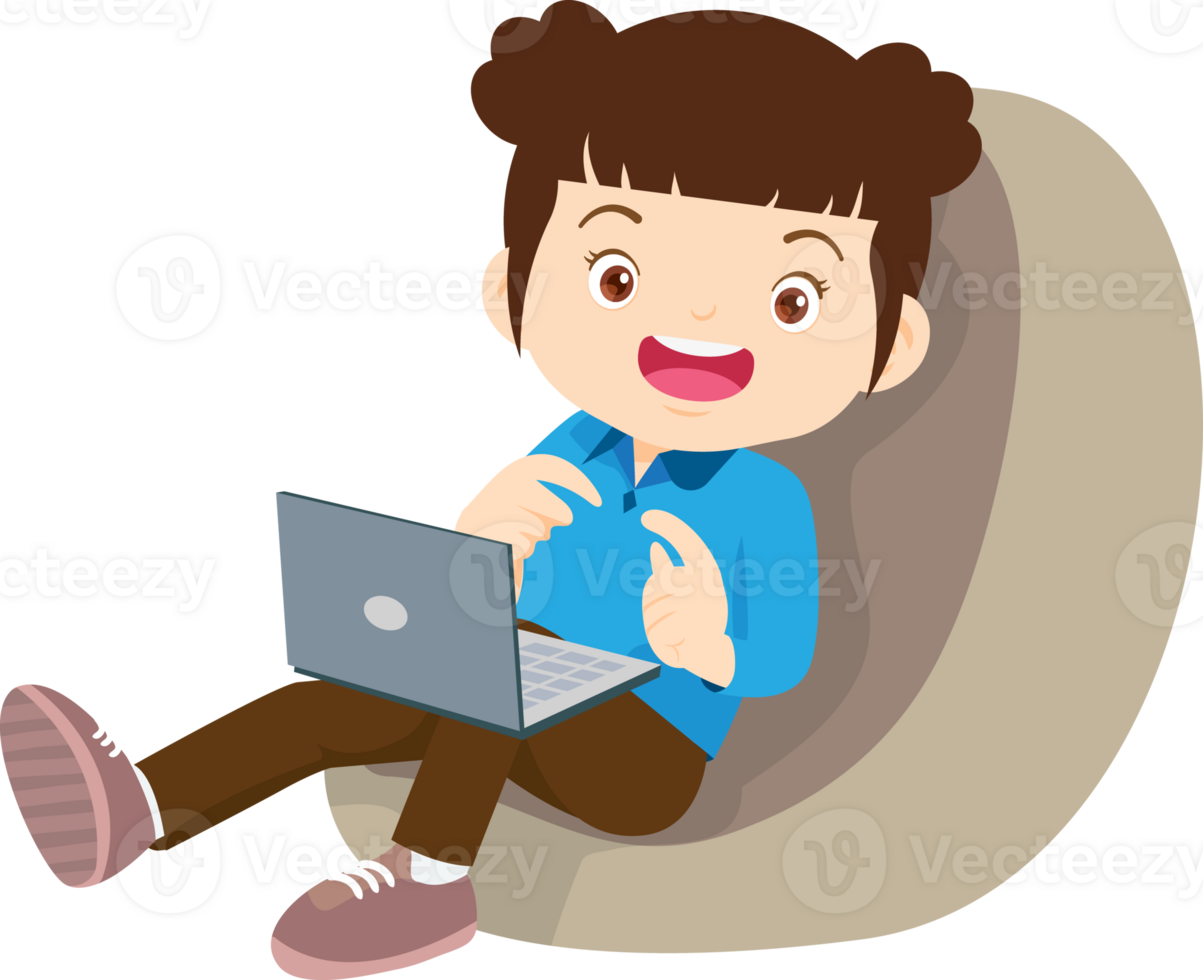 child relax with mobile gadget sitting on beanbag png
