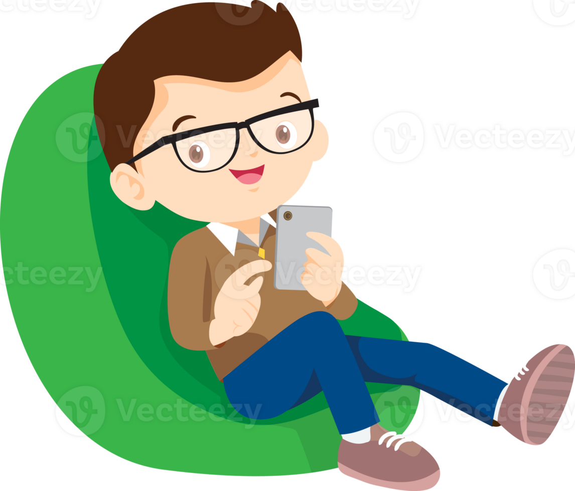 child relax with mobile gadget sitting on beanbag png