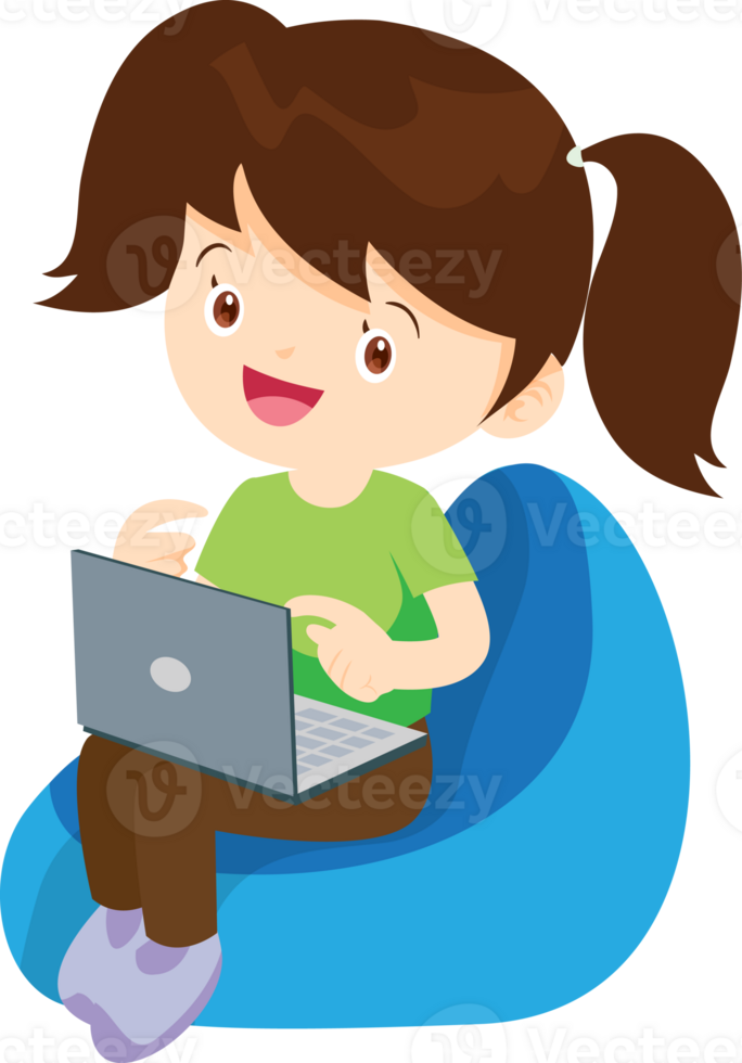 child relax with mobile gadget sitting on beanbag png