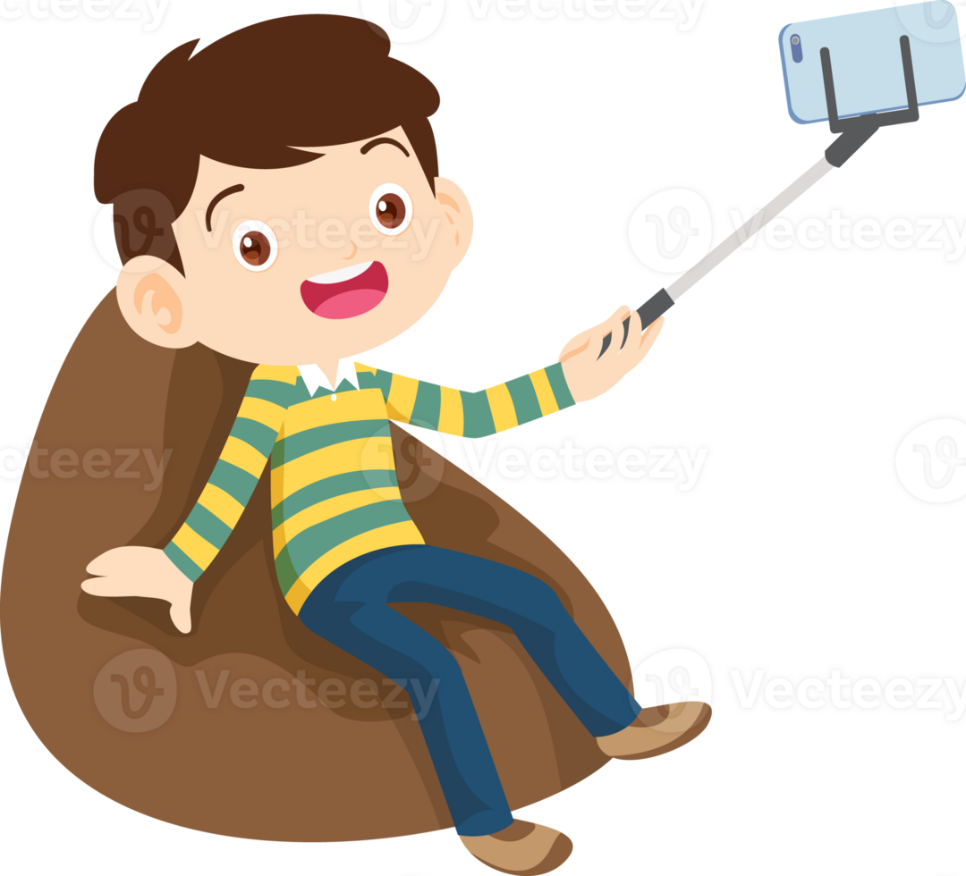 child relax with mobile gadget sitting on beanbag png