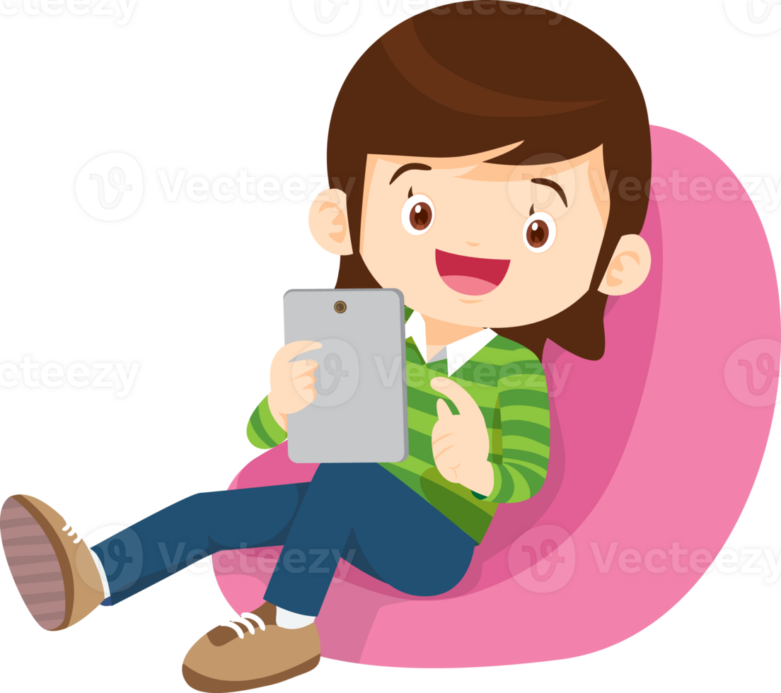 child relax with mobile gadget sitting on beanbag png