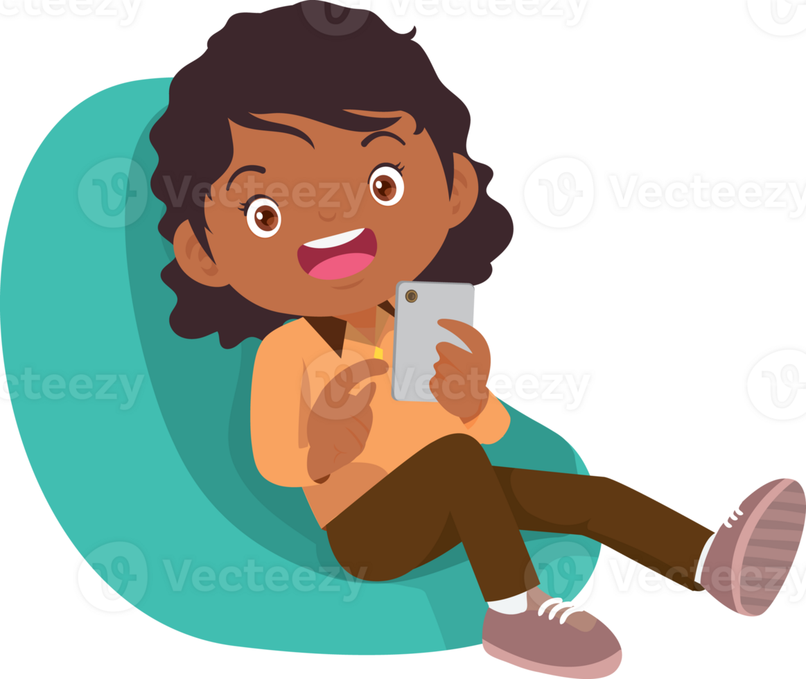 child relax with mobile gadget sitting on beanbag png