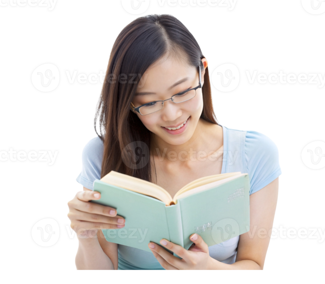 Young woman reading a book with a smile png