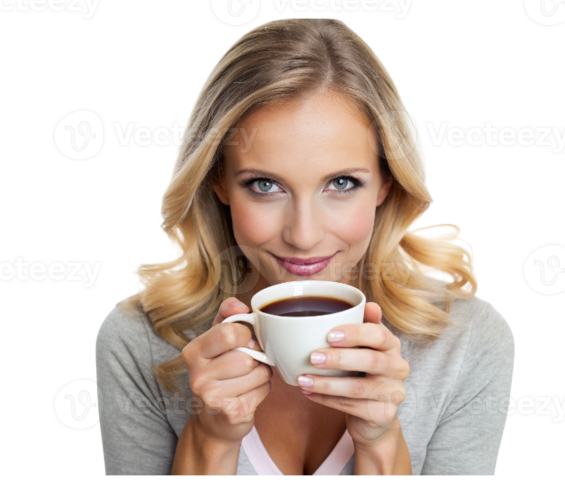 Beautiful woman drinking coffee illustration with red lips - png