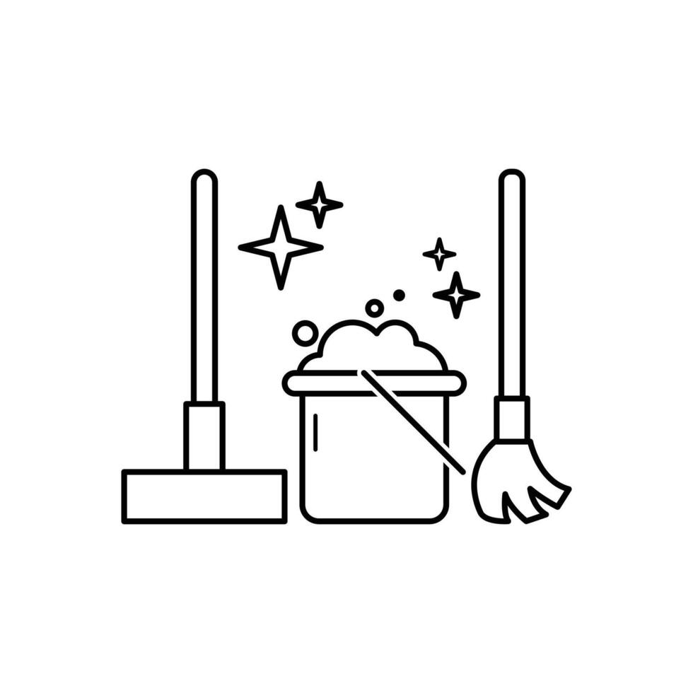 house cleaning, broom, mop and bucket icons. clean house concept, thin line symbol on white background vector