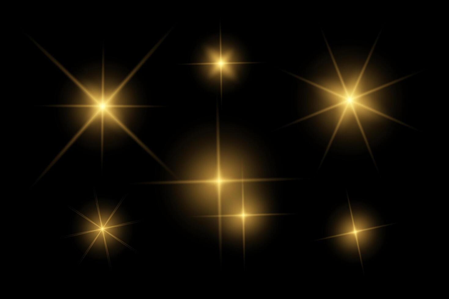 Golden sparkle lights, flashing lights, light effects, sunlight lens flare, glowing ray beams, sparkling starsicon on black background. vector
