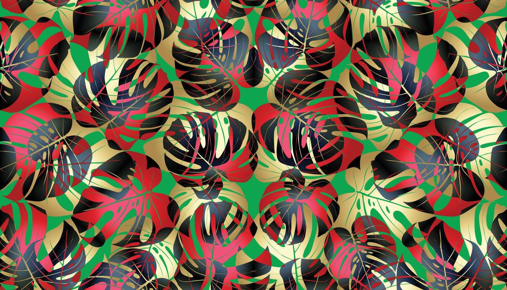 Monstera palm leaves exotic tropical seamless print. Palm leaf, monstera, pink plumeria flower,hibiscus blossom, exotic tropical summer flowers and leaves. vector