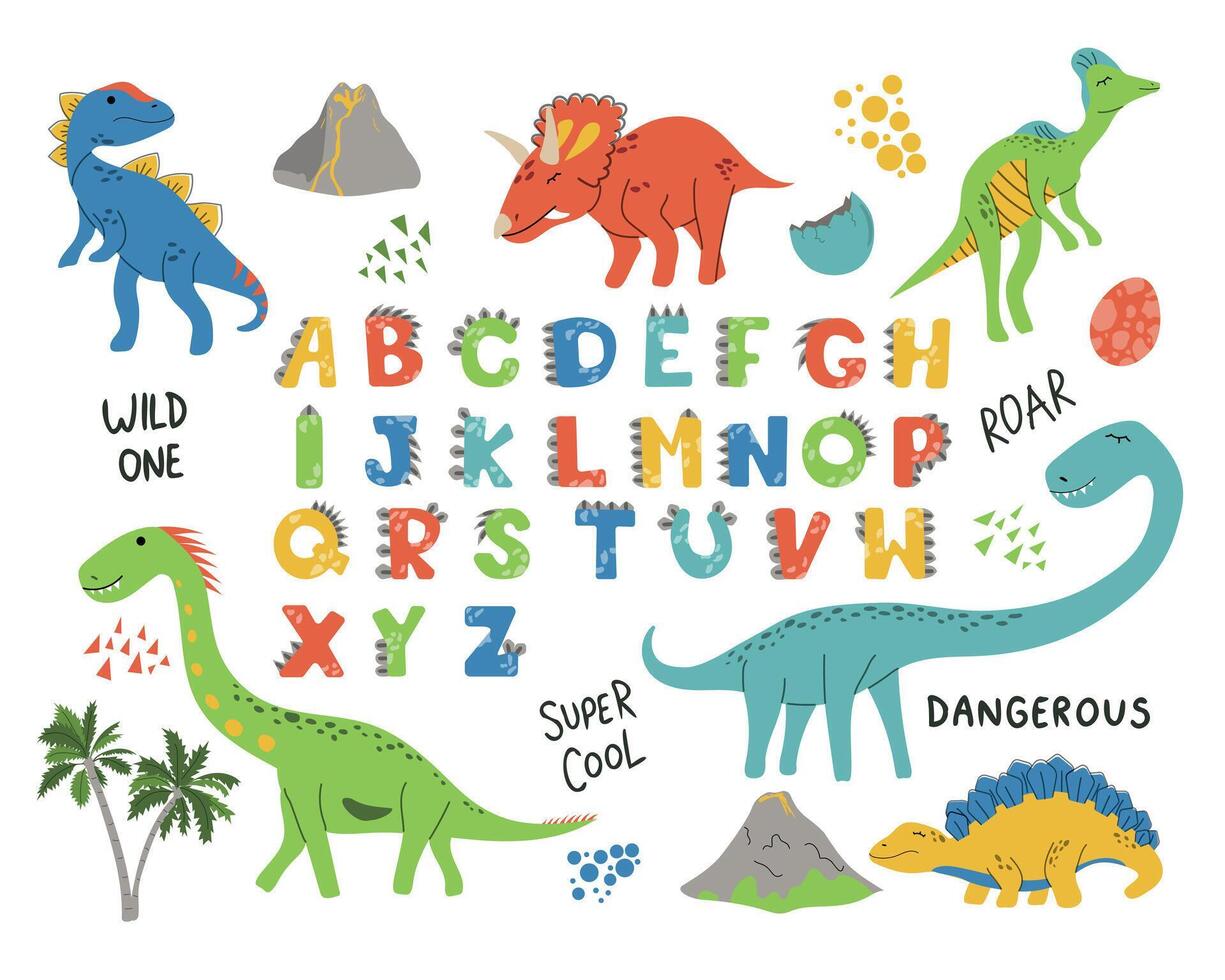 Dino collection with alphabet vector