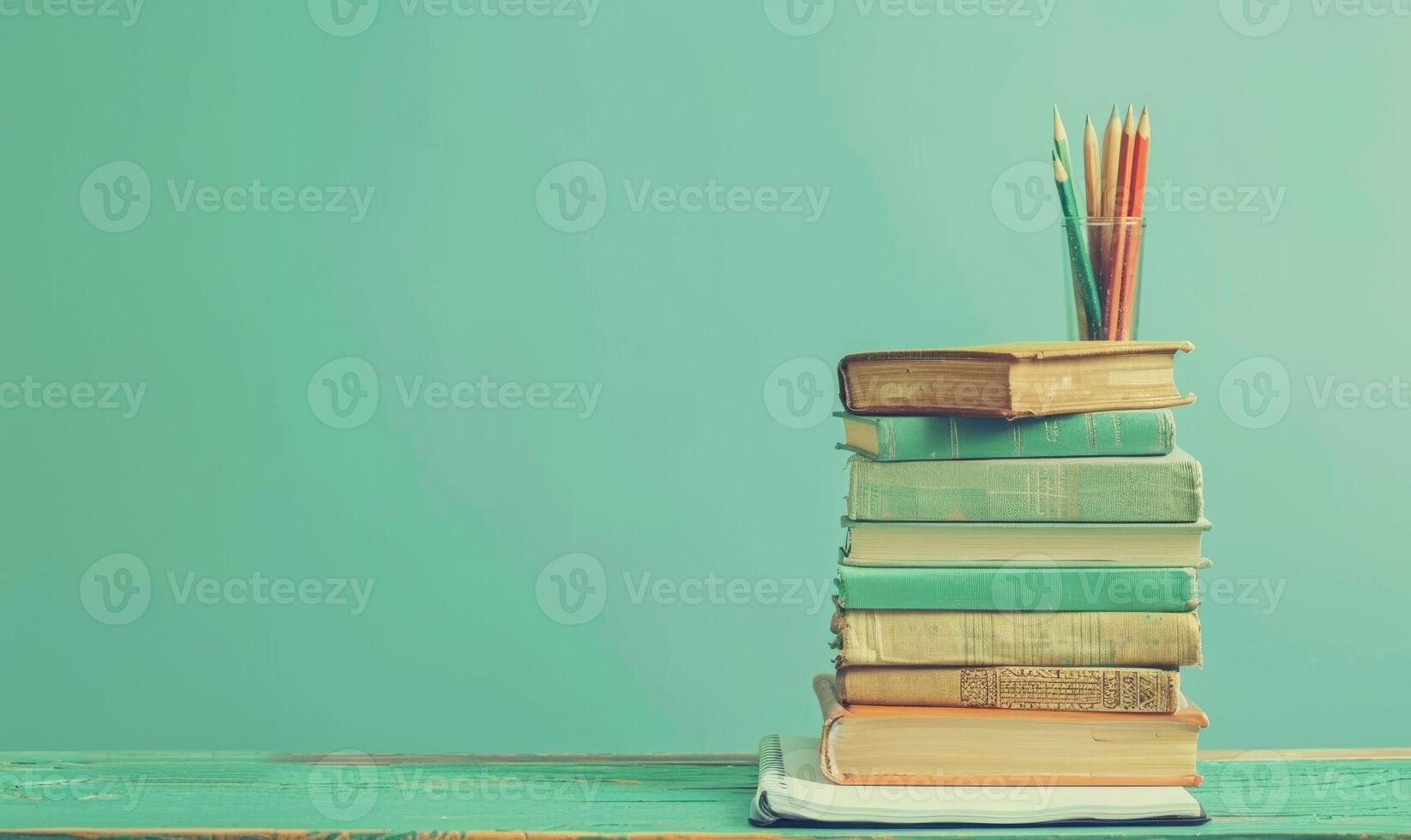 Stack of books on a wooden desk with a pastel mint green background photo