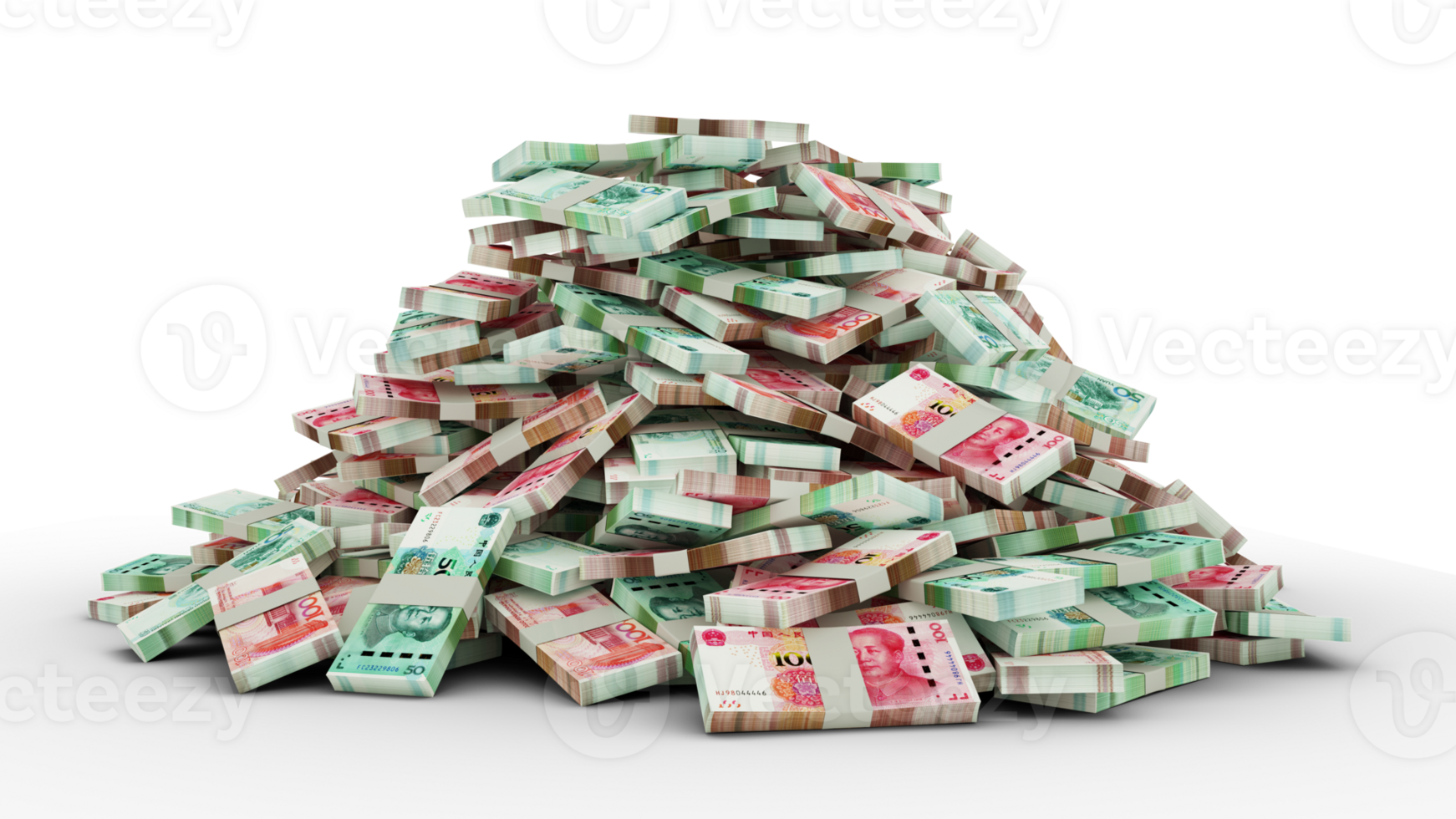 Big pile of stacks of Chinese yuan notes a lot of money. 3d rendering of bundles of cash png