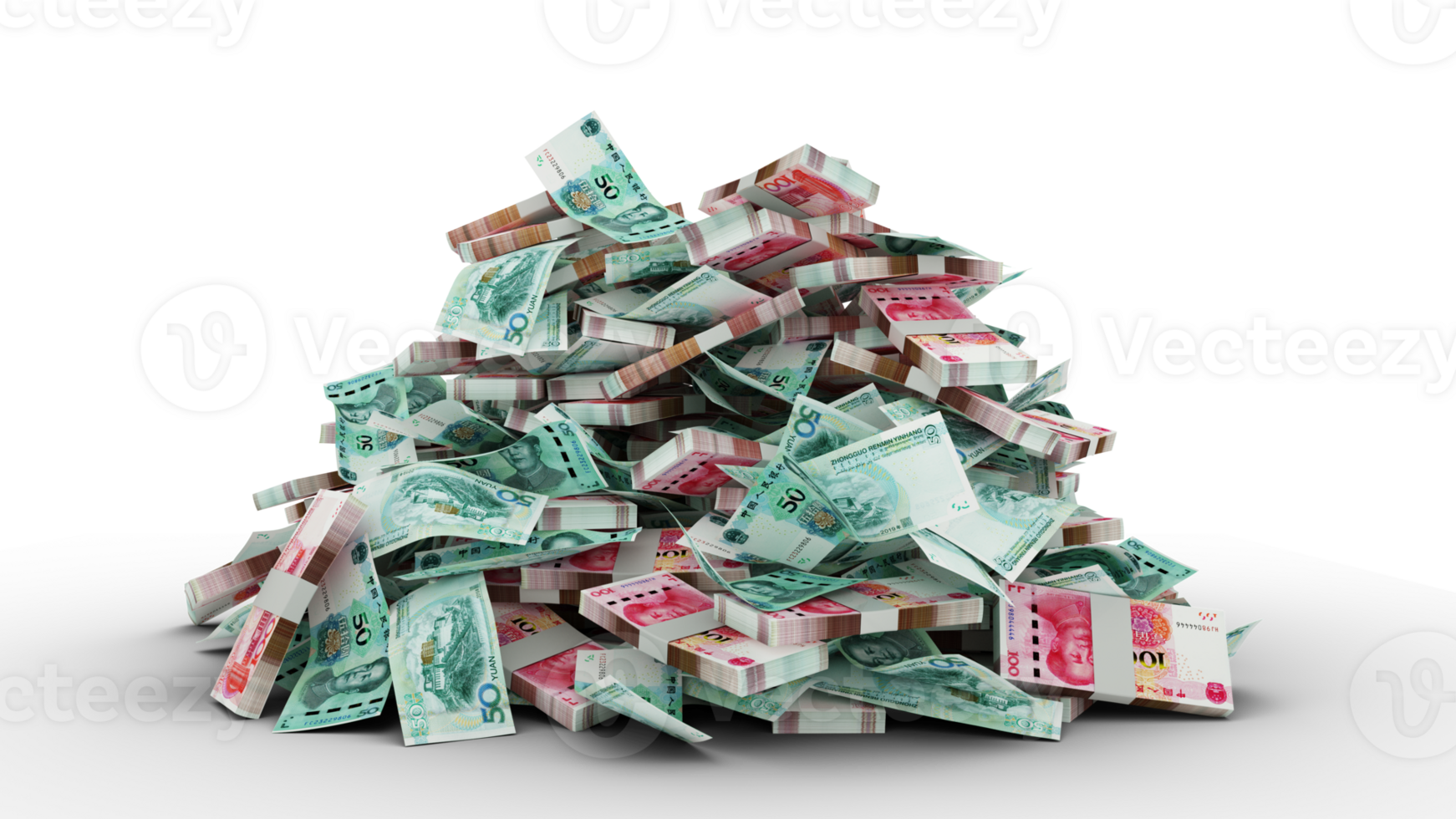 Big pile of stacks of Chinese yuan notes a lot of money. 3d rendering of bundles of cash png