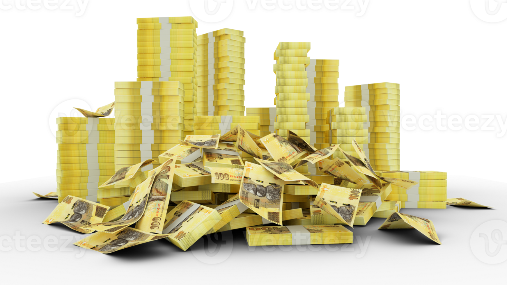 Big stacks of 100 Zimbabwean dollar notes. A lot of money isolated. 3d rendering of bundles of cash png