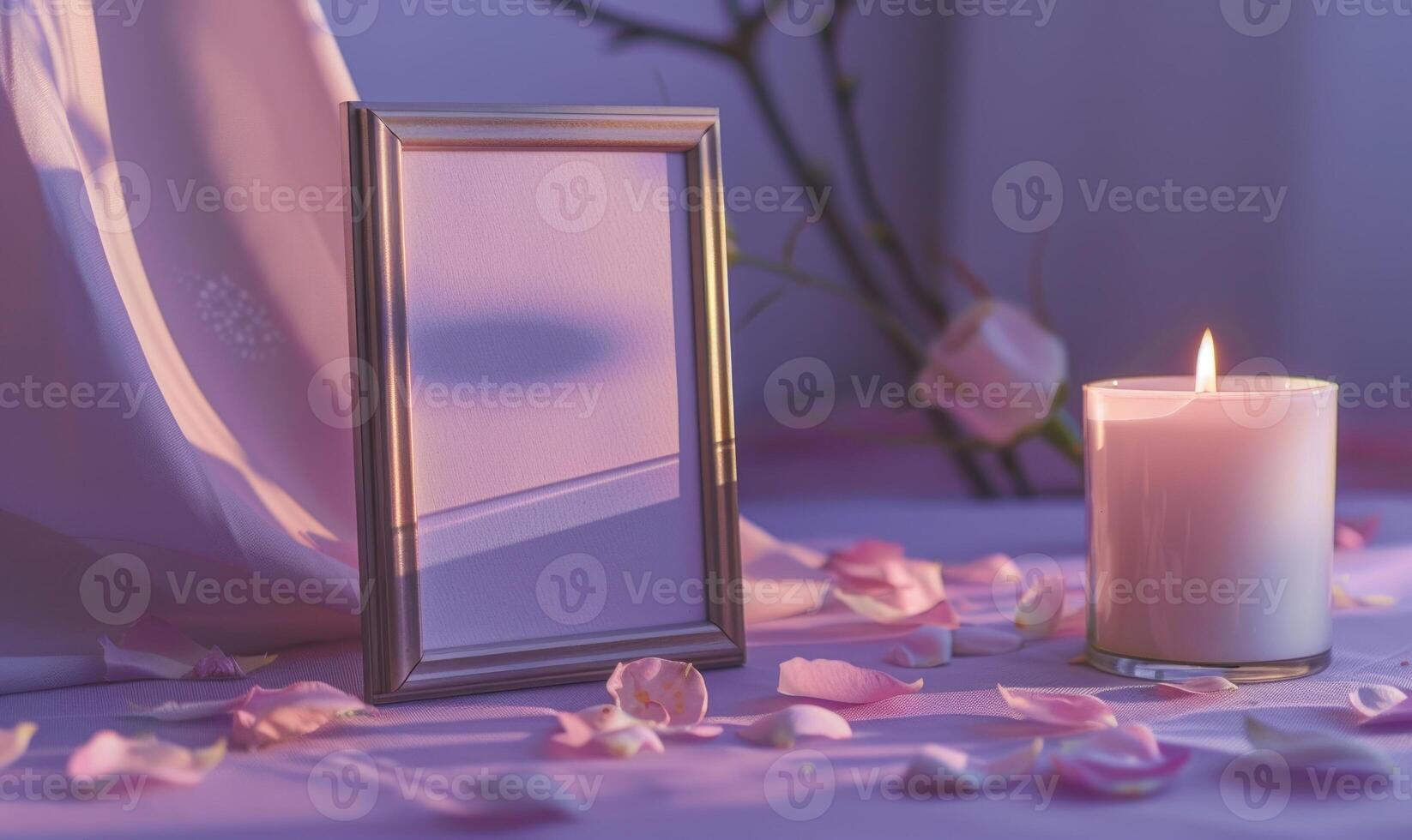 White blank card in a bronze frame on a pastel lavender table, with a scattering of petals and a lit candle photo