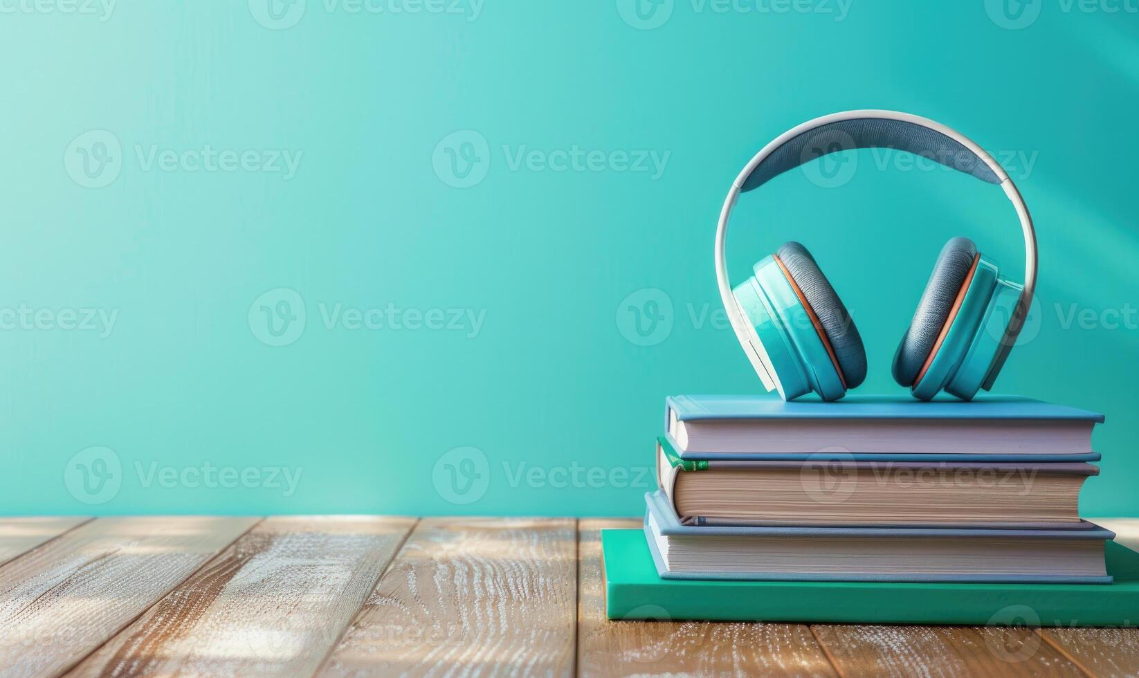 Stack of books on a wooden table with a pastel sky blue background, with a pair of headphones photo