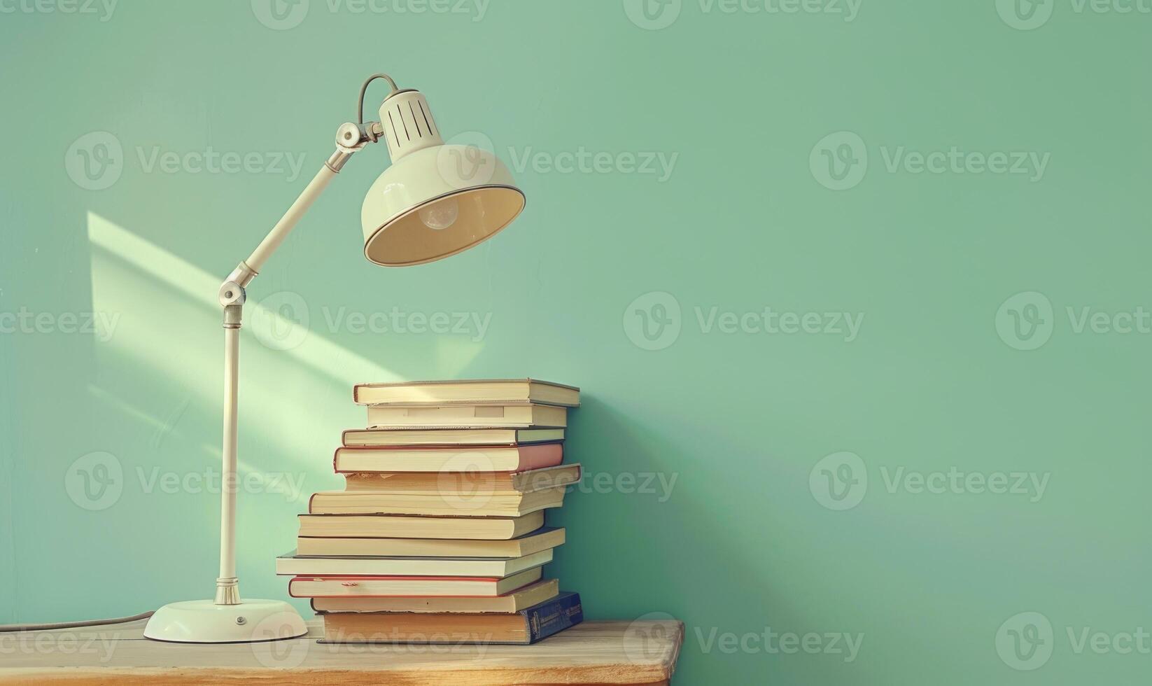 Stack of books on a wooden table with a pastel mint green background, with a desk lamp photo