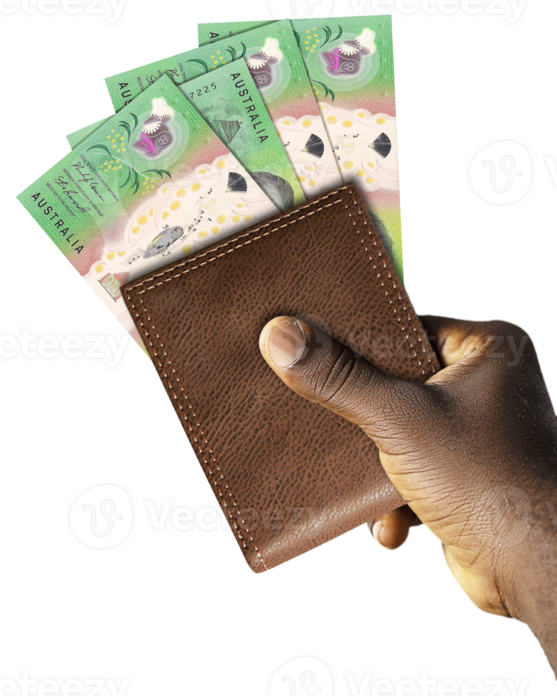 Black Hand Holding brown wallet With Australian dollar notes. png