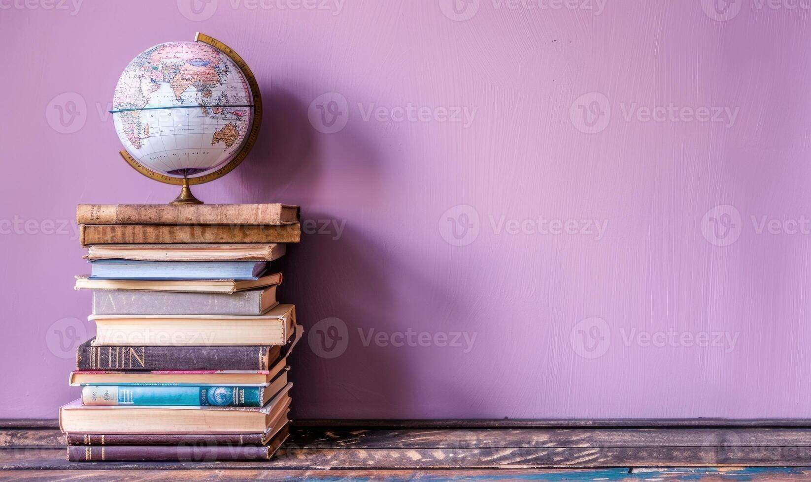Stack of books on a wooden table with a pastel lilac background, with a small globe photo