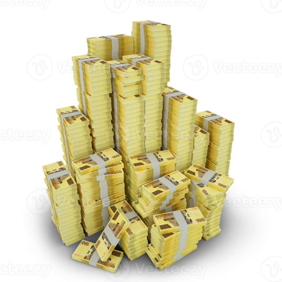 Big stacks of 100 Zimbabwean dollar notes. A lot of money isolated. 3d rendering of bundles of arranged cash png