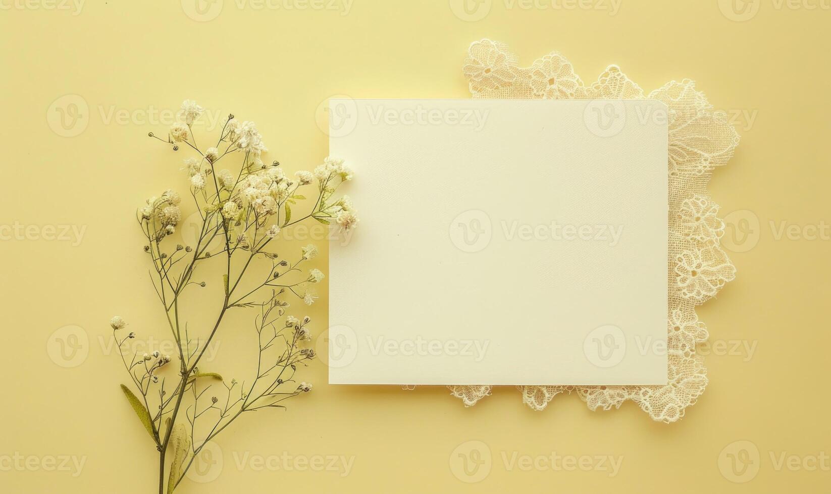 White blank card on a pastel yellow background, with a piece of lace and a small bouquet of wildflowers photo