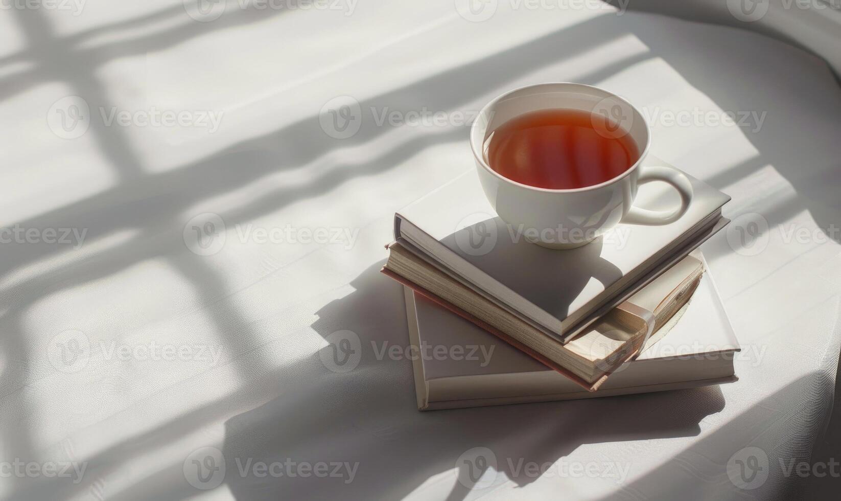 Stack of books with a cup of tea on a light gray table, soft shadows from window photo