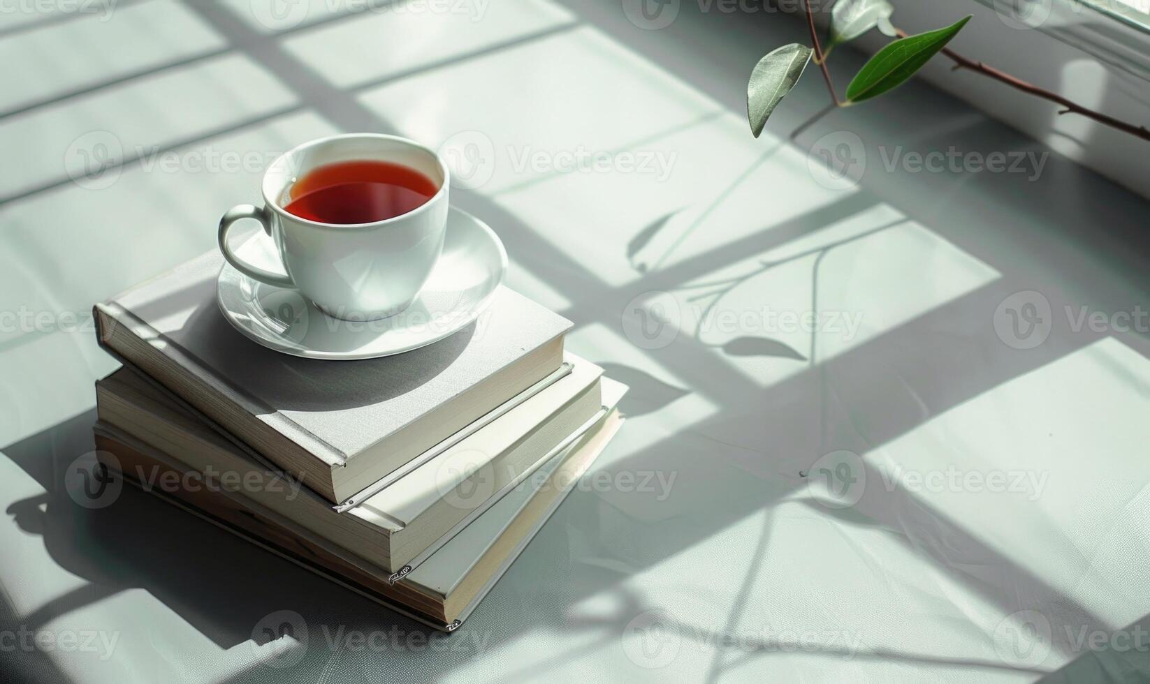 Stack of books with a cup of tea on a light gray table, soft shadows from window photo