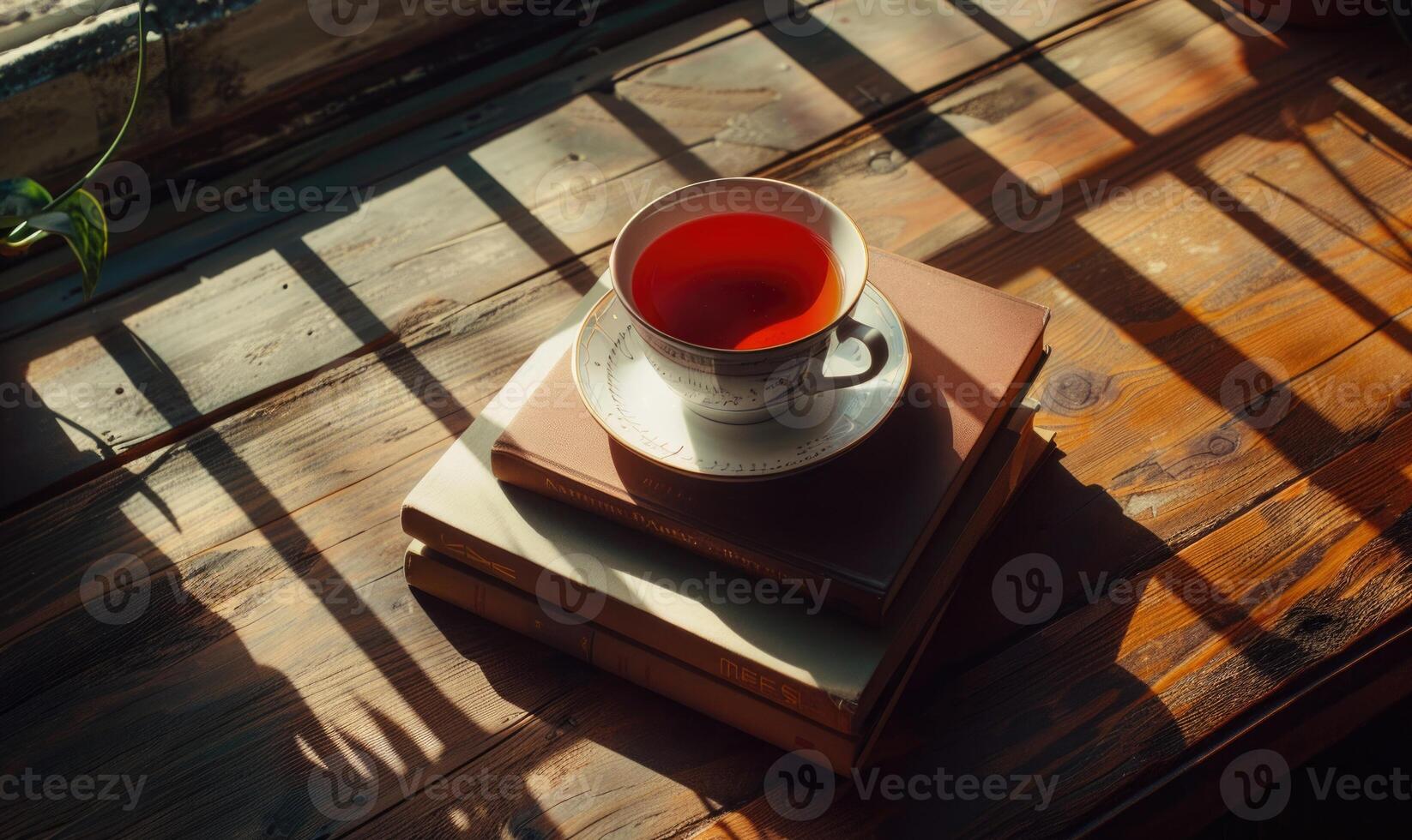 Stack of books with a cup of tea on a white table, window casting shadows photo