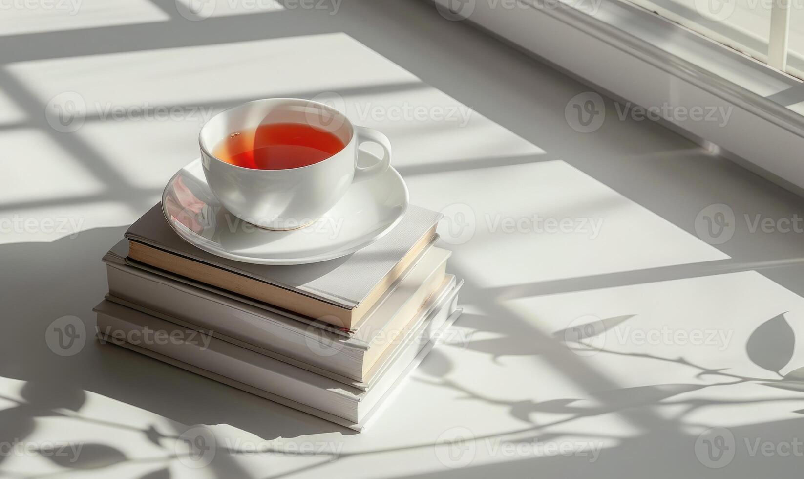 Stack of books with a cup of tea on a light gray table, soft shadows from window photo
