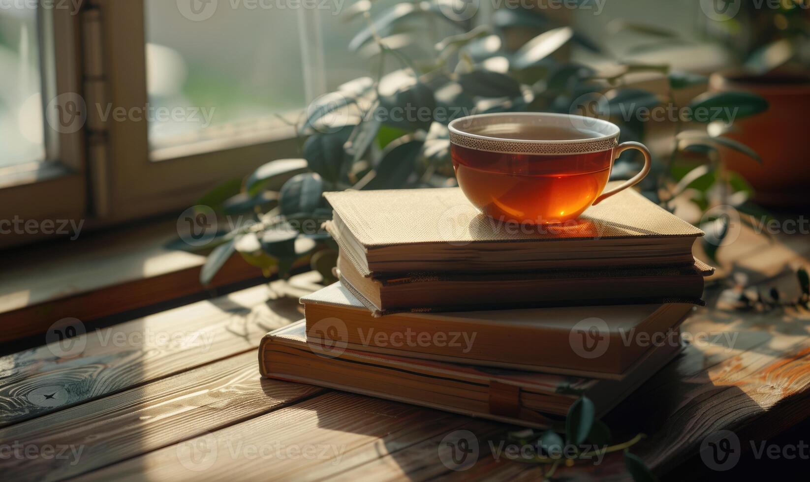 Stack of books with a cup of tea on a white table, window casting shadows photo