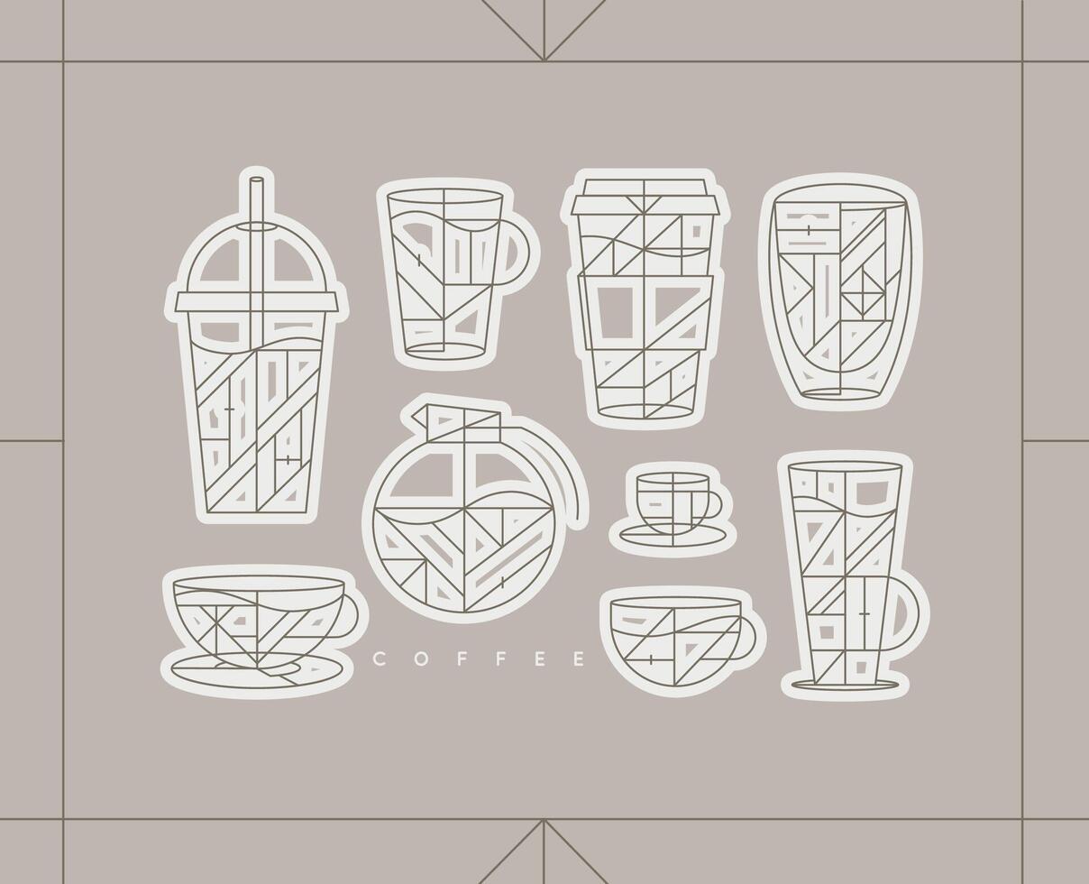 Set of creative modern art deco coffee cups in flat line style drawing on light beige background. vector