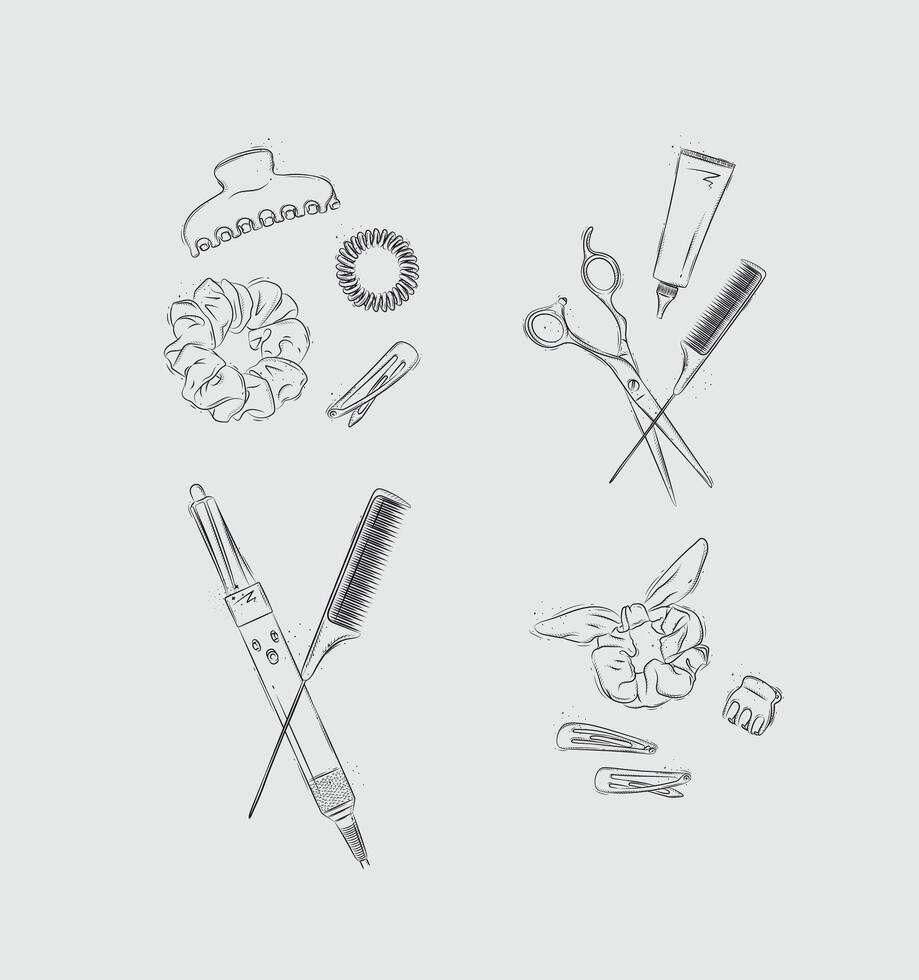 Collection of tools and accessories for creating hairstyles drawing on light background vector