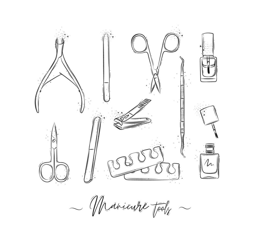 Manicure and pedicure tools collection with wire cutters, nail file, scissors, nail polish, toe separator, cuticle pusher spoon drawing on white background vector