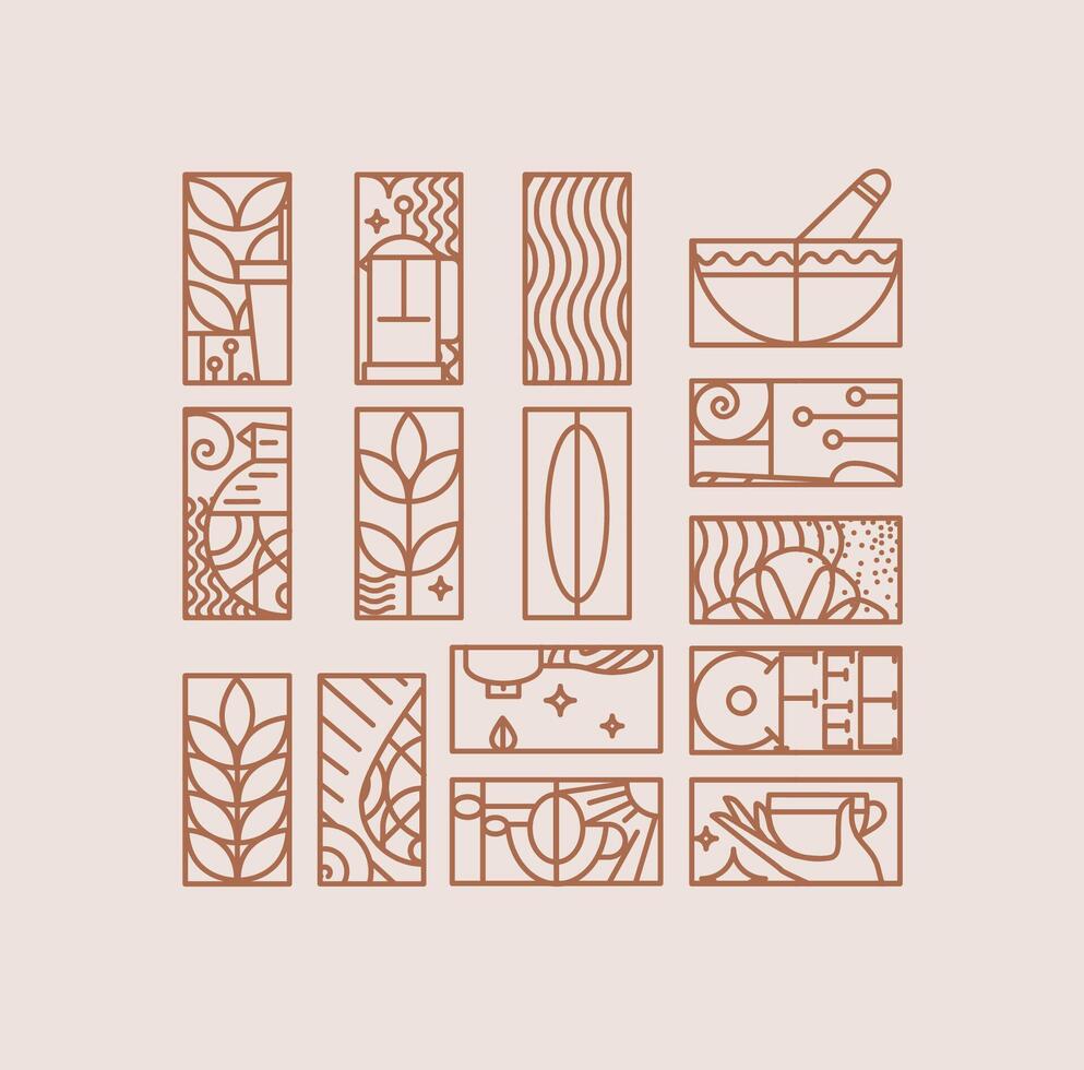 Set of creative modern art deco coffee signs in flat line style drawing on beige background. vector