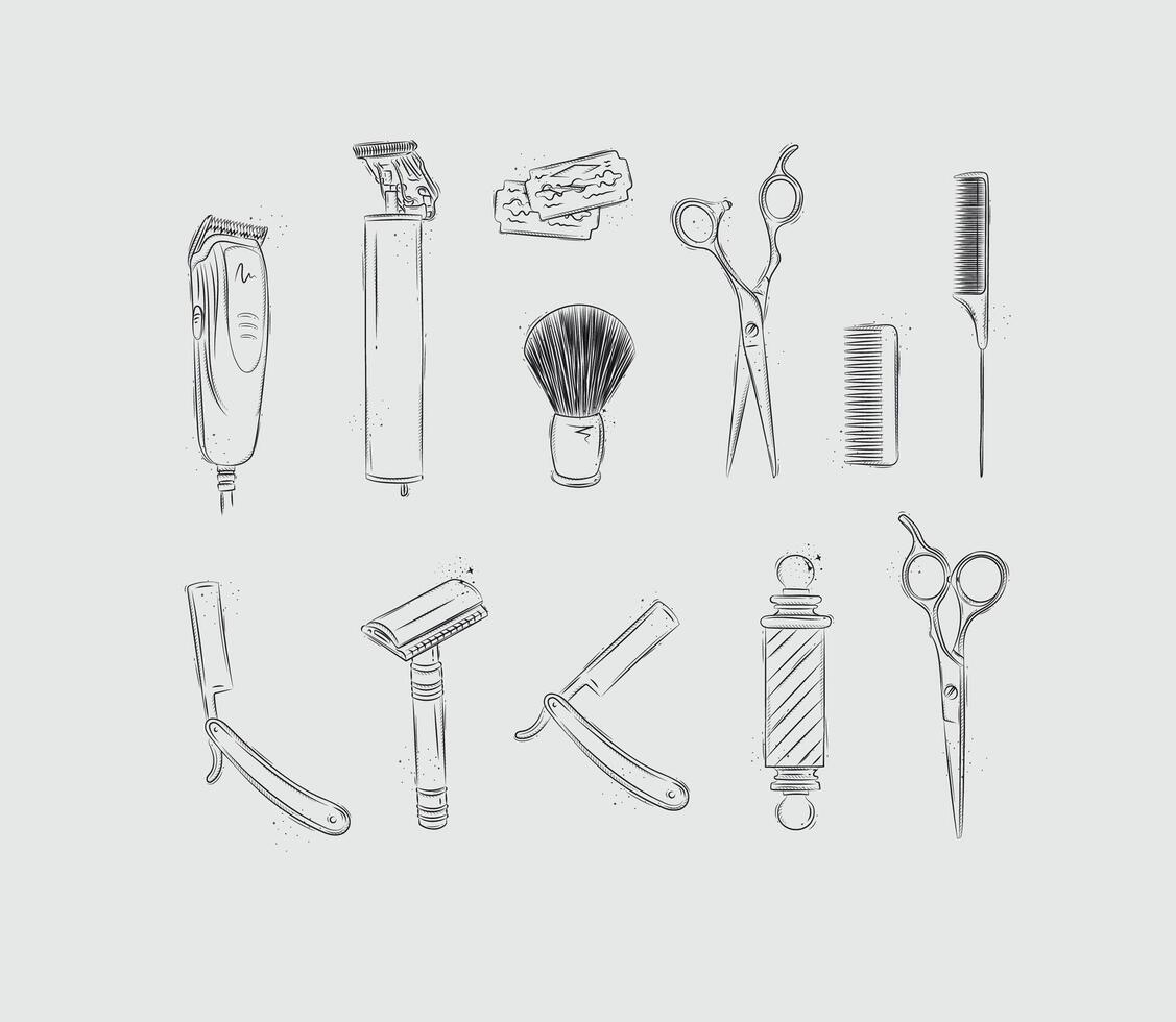 Barbershop collection with clipper, trimmer, blade, shaving brush, scissors, comb, straight razor, barber pole drawing on light background vector