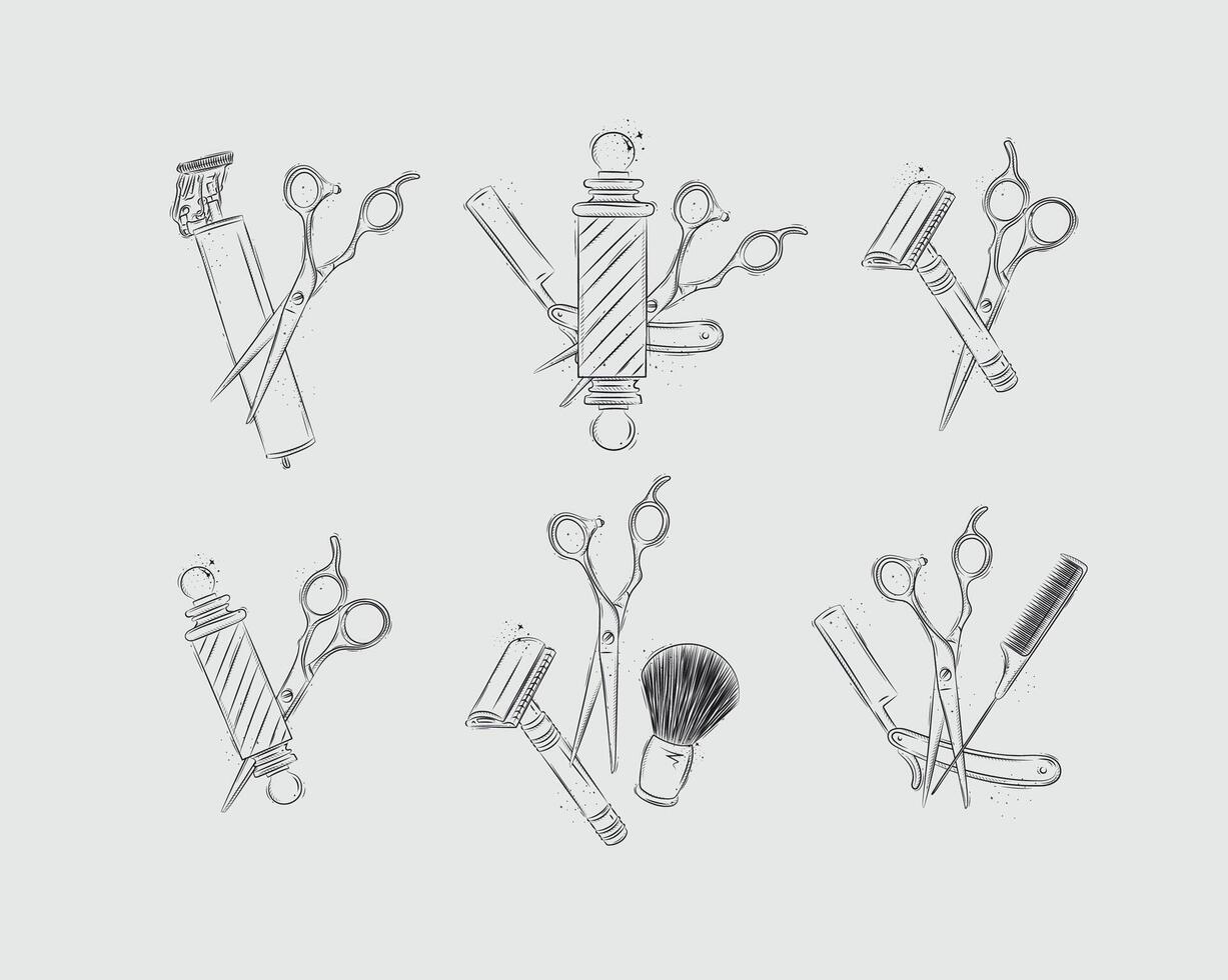 Barbershop shave collection with clipper, trimmer, blade, shaving brush, scissors, comb, straight razor, barber pole drawing on light background vector