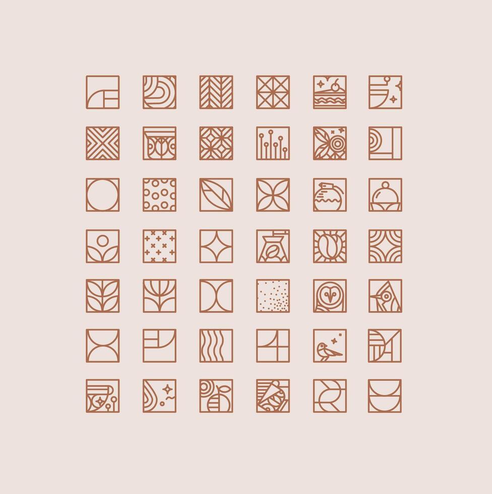 Set of creative modern art deco coffee icons in flat line style drawing on beige background. vector