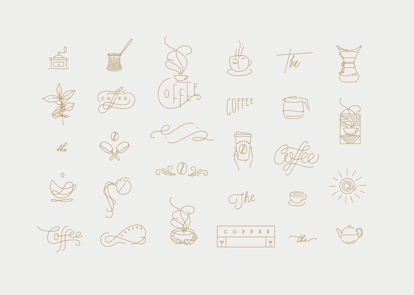 Set of minimalism modern coffee elements for your design drawing in flat line style on turquoise background vector