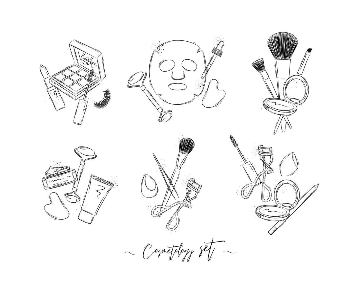 Set compositions of cosmetology tools lipstick, eyeshadows, mascara, facial massager, anti age mask, brush, powder, face and hand cream, tweezers, sponge, eyelash clip, pencil drawing on white bg vector