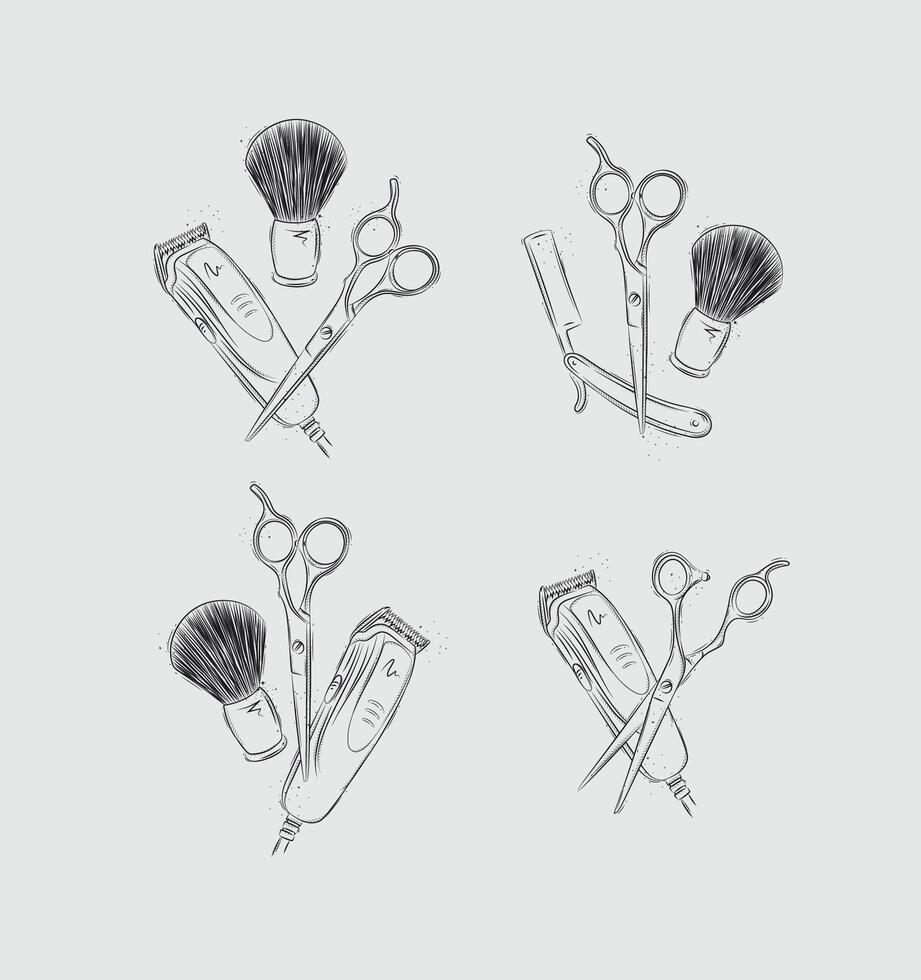 Barbershop haircut and shave collection with clipper, trimmer, blade, shaving brush, scissors, comb, straight razor, barber pole drawing on light background vector