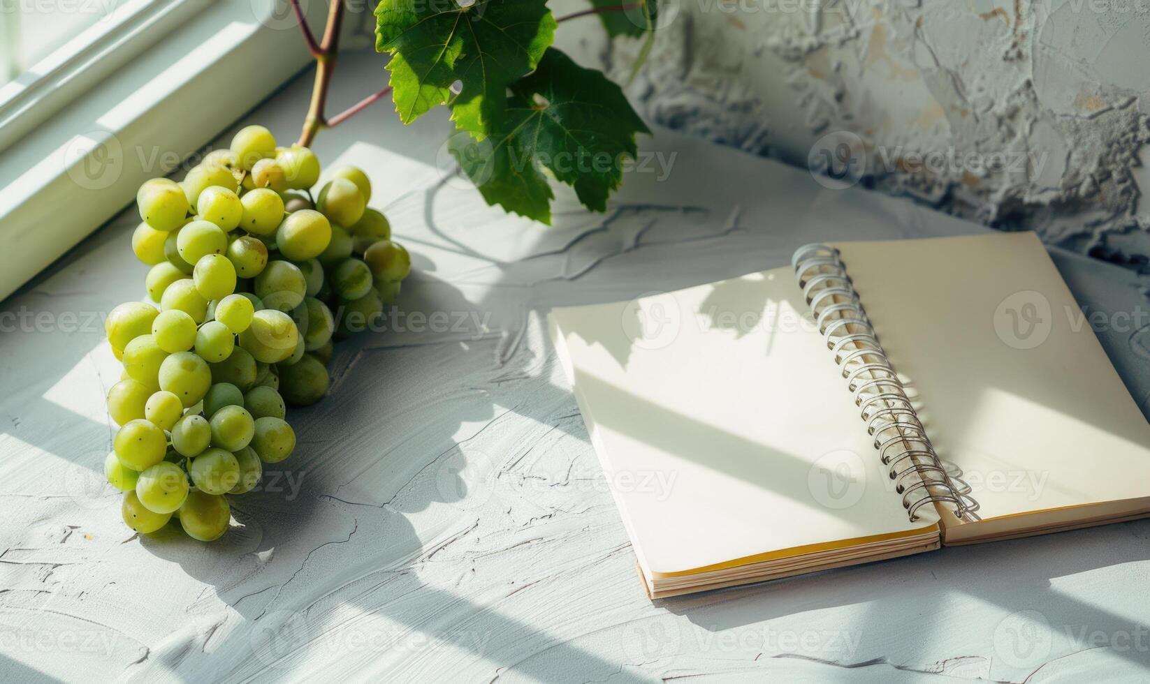 Closed notebook on a light gray table with a bunch of grapes photo