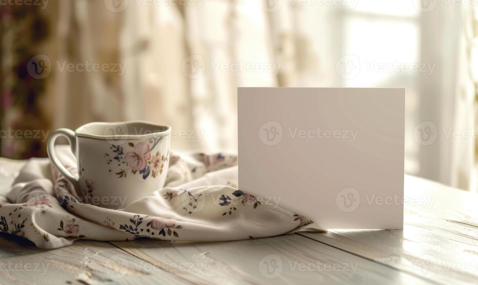 White blank card on a pastel ivory table, with a ceramic mug and a floral print napkin photo