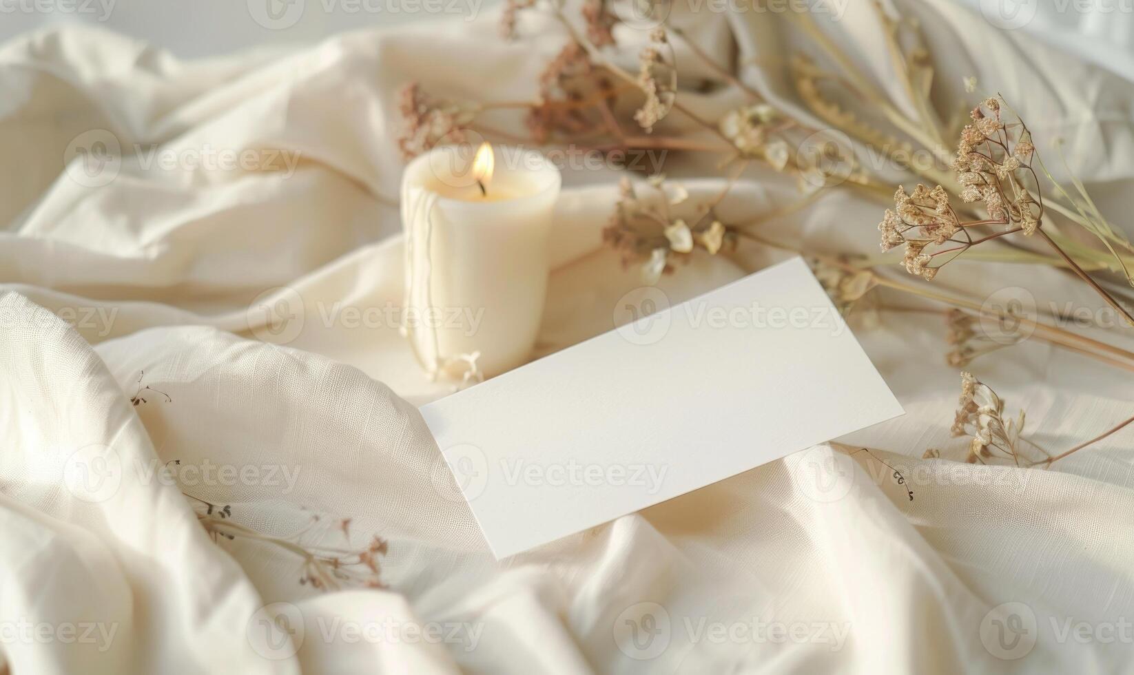 White blank card on a pastel cream background, with a piece of linen cloth and a handmade candle photo