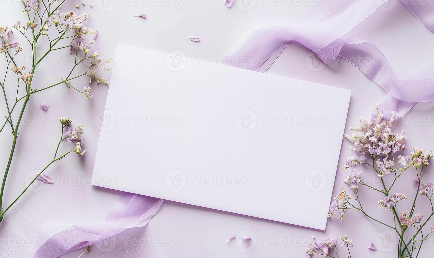 White blank card on a pastel lilac background, with a small bunch of wildflowers and a ribbon photo
