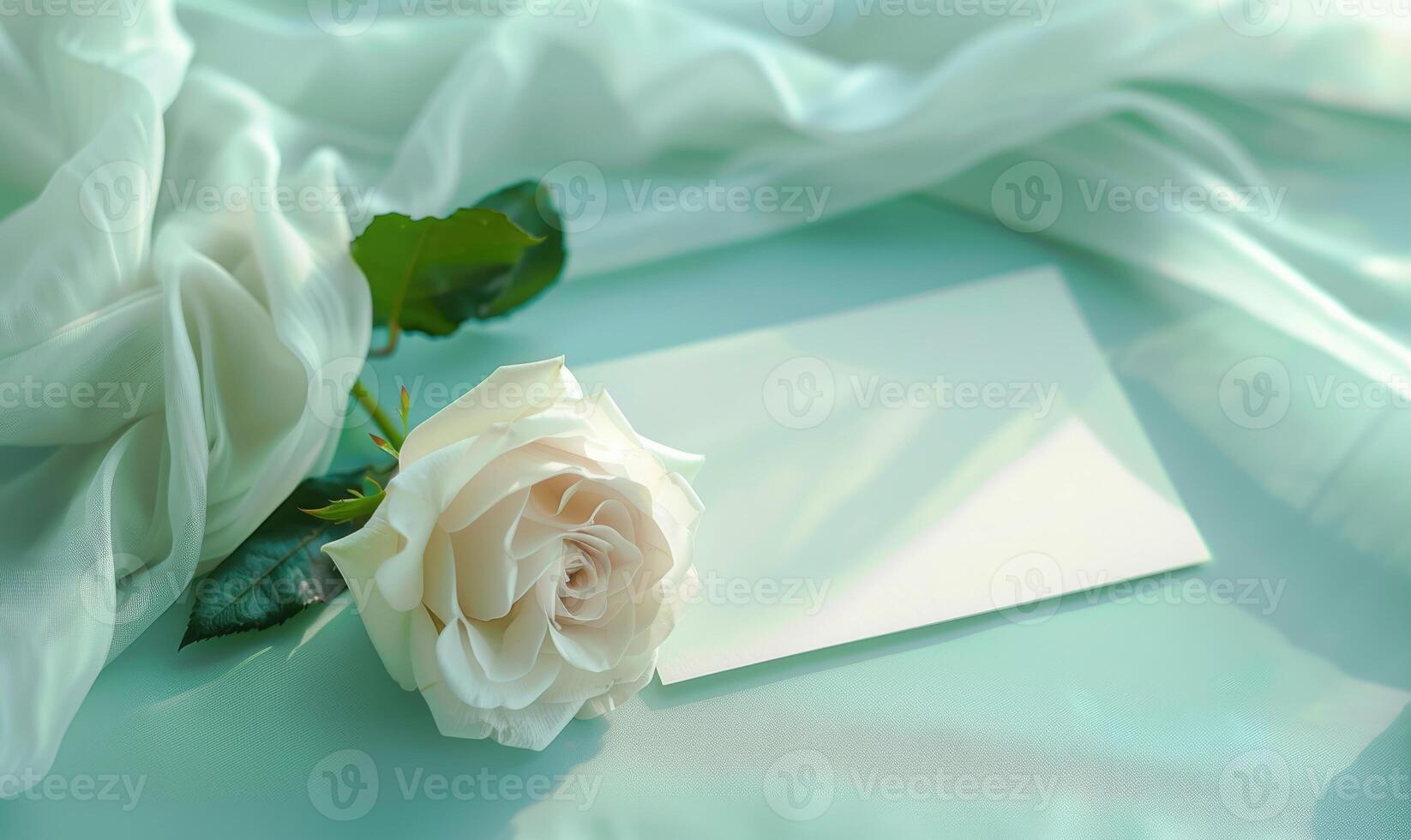 White blank card on a pastel mint green table, with a piece of chiffon fabric and a single white rose photo