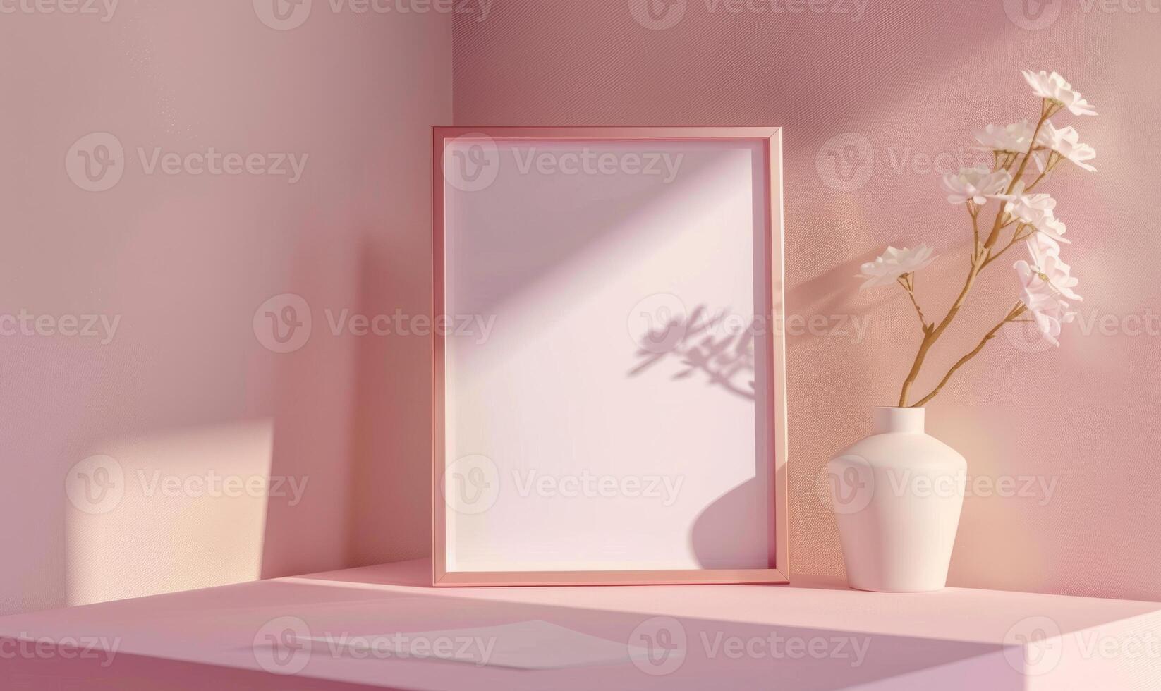 White blank card in a pink gold frame on a pastel rose pink table, with a ceramic vase and light pink flowers photo