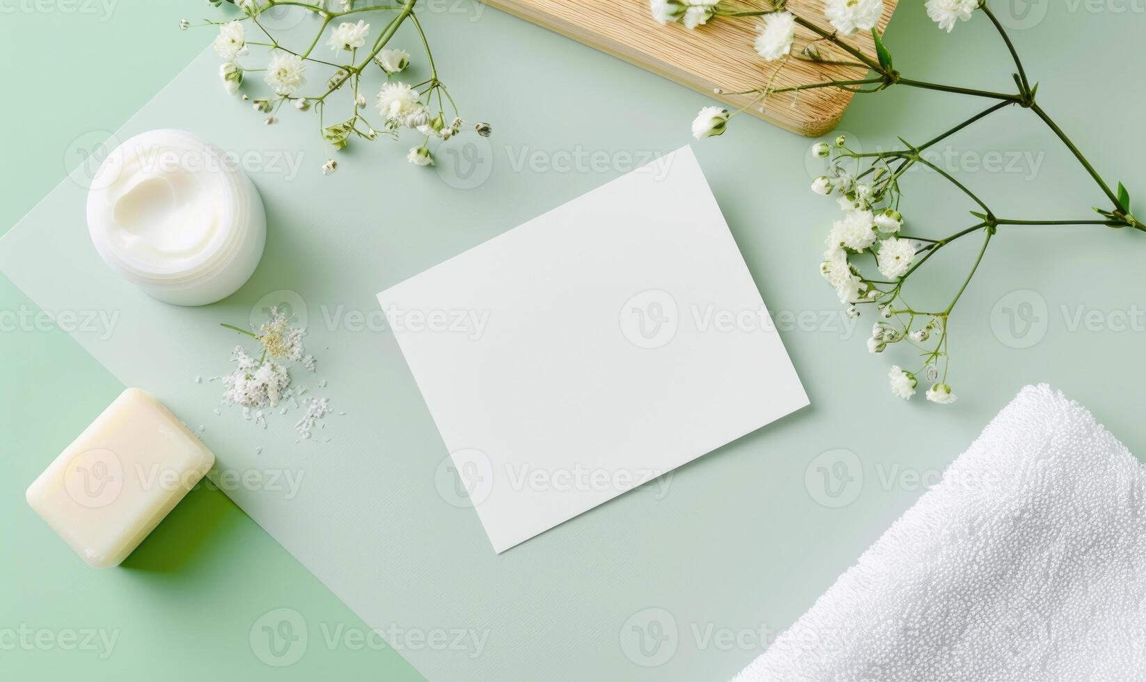 White blank card on a pastel mint green background, with a handmade soap photo