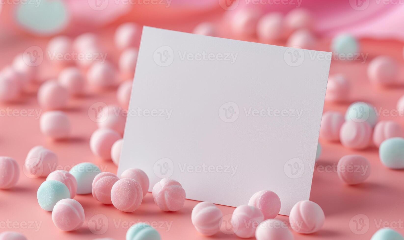 White blank card on a pastel coral background, with a small pile of pastel colored candies photo