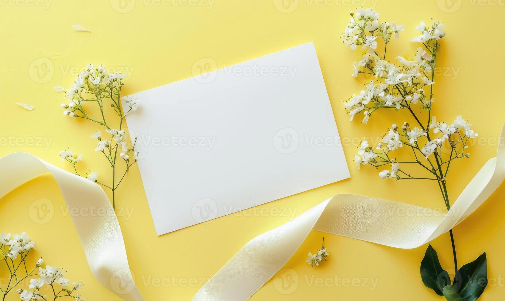 White blank card on a pastel yellow background, with a piece of lace and a small bouquet of wildflowers photo