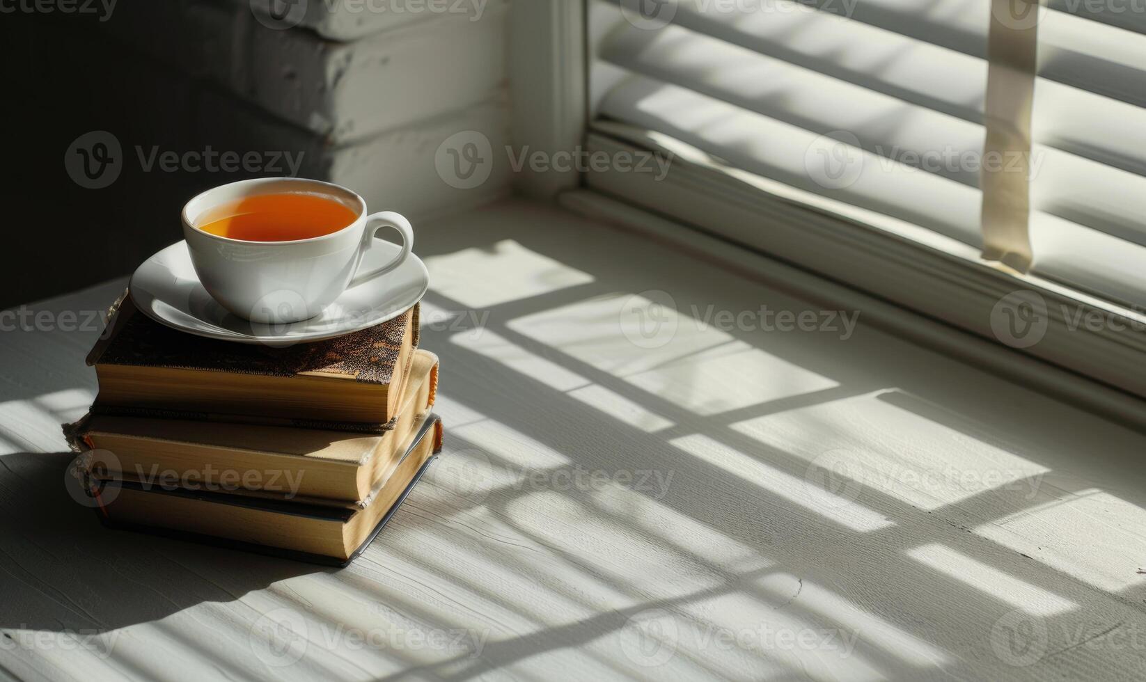 Stack of books with a cup of tea on a light gray table, soft shadows from window photo