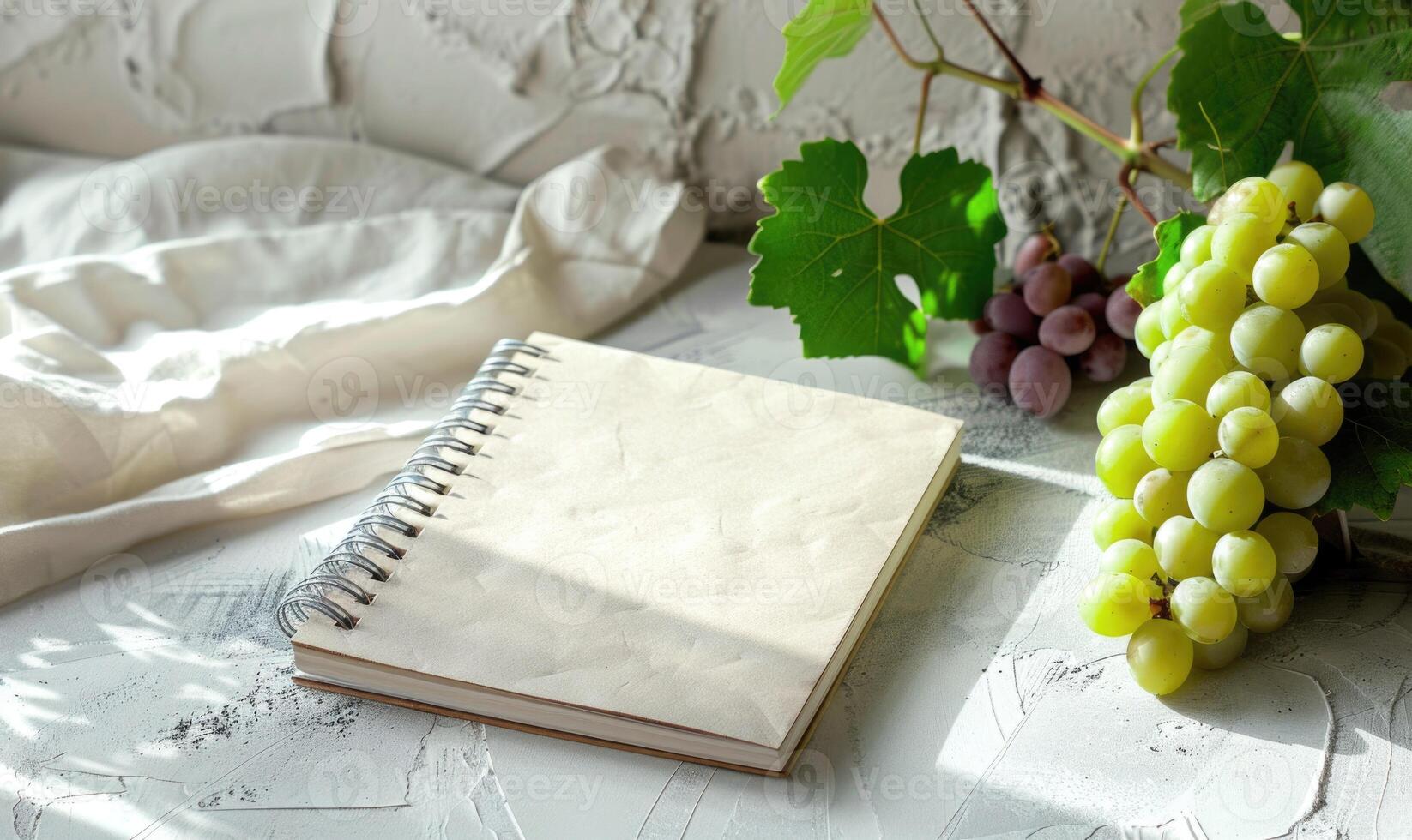 Closed notebook on a light gray table with a bunch of grapes on the right, soft window light photo